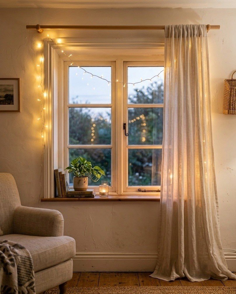 Warm-white fairy lights draped along the top of a small living room window frame