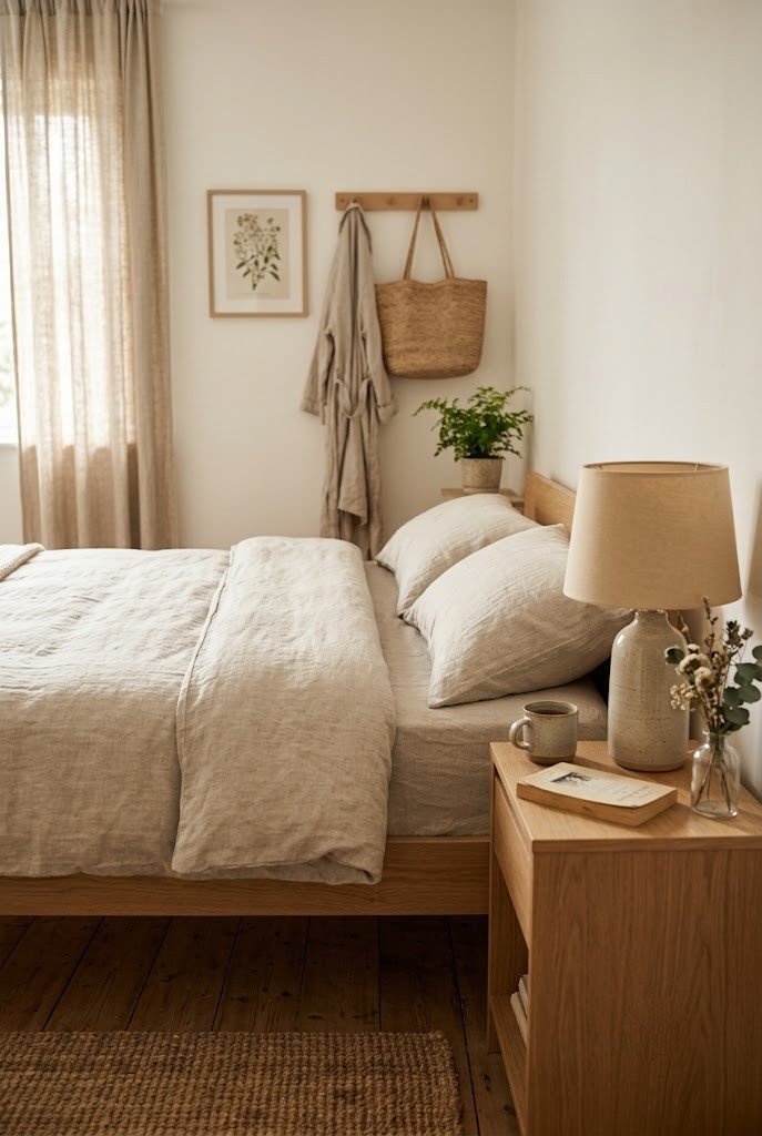 Small bedroom with warm white walls and oatmeal linen bedding in soft morning light