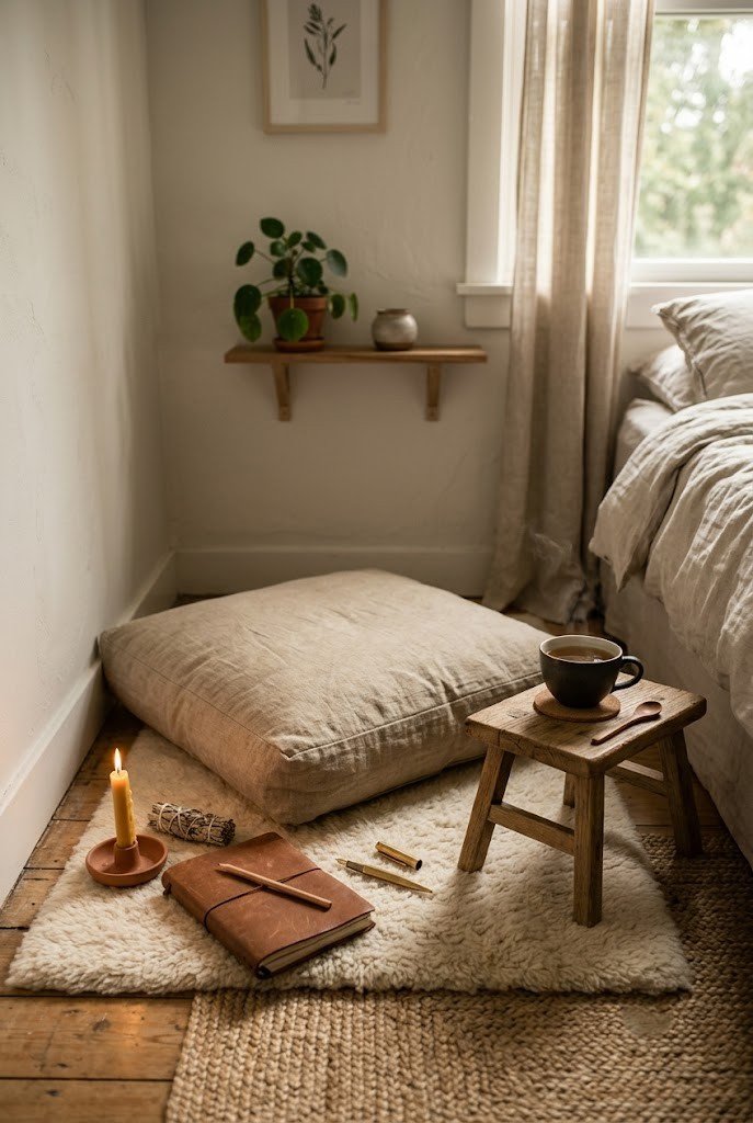 Floor cushion, low stool with tea, and layered rugs forming a calm wind-down corner