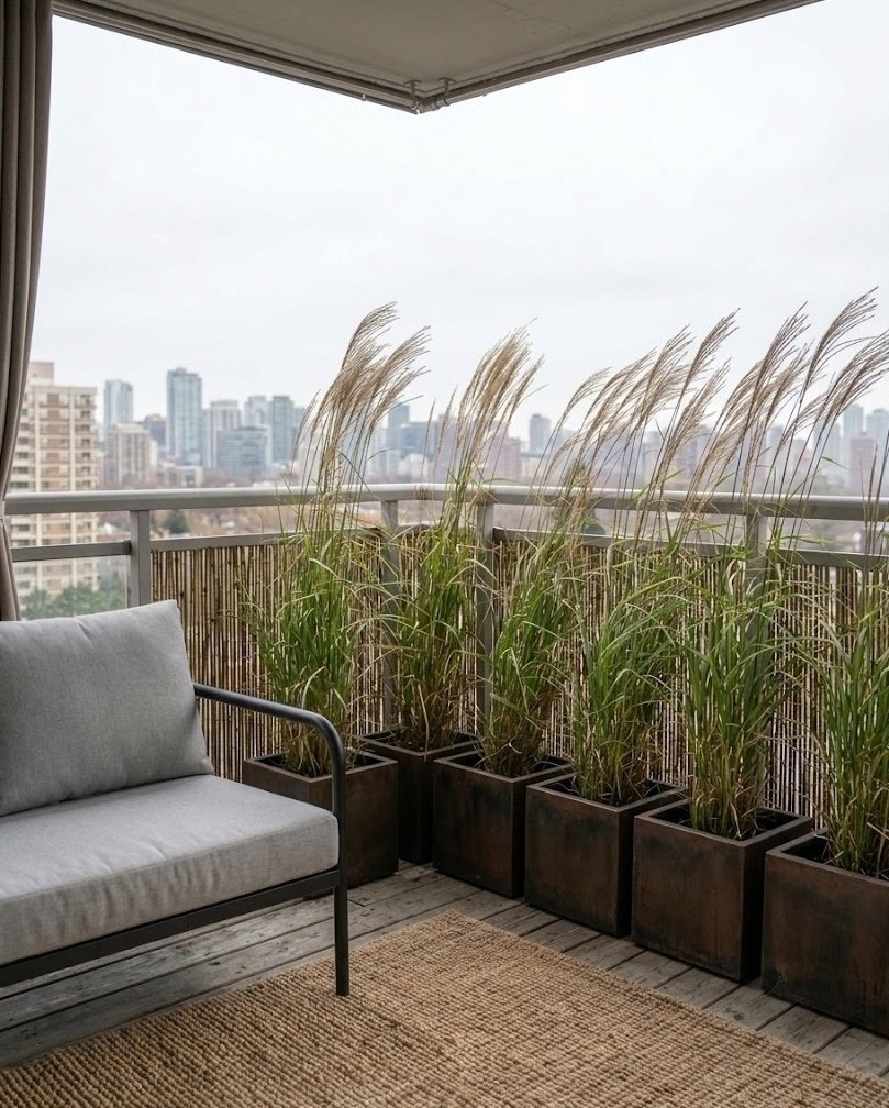 Row of tall grasses in planters as a windbreak along a balcony railing