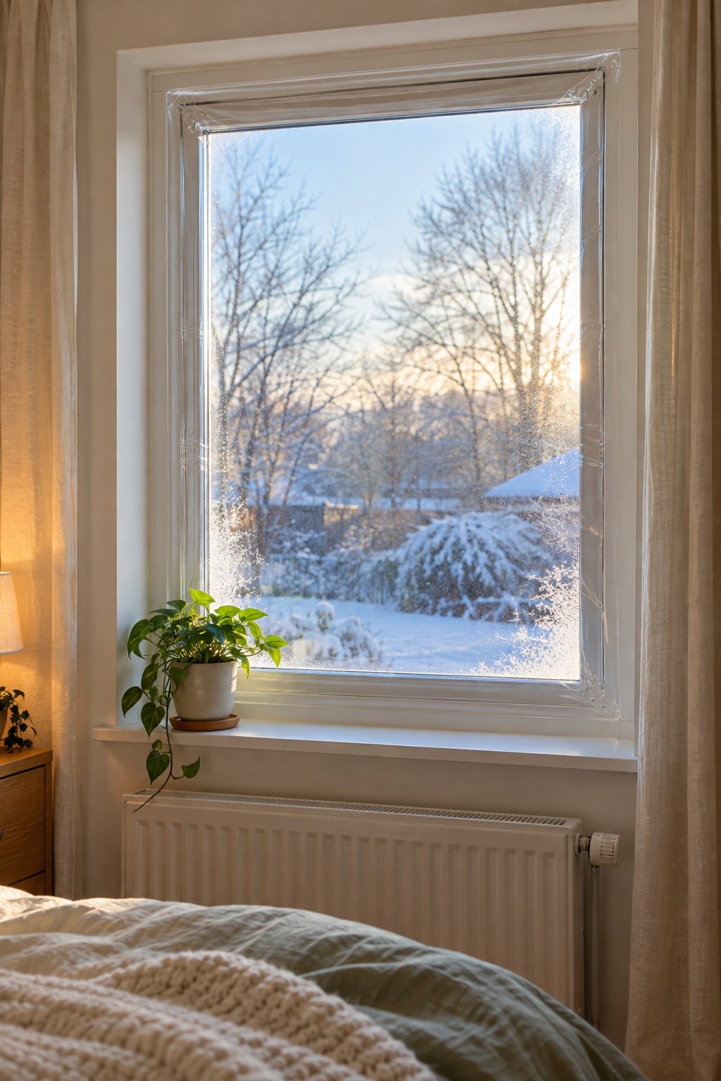 Bedroom window with clear insulation film inside the frame and a frosty yard outside