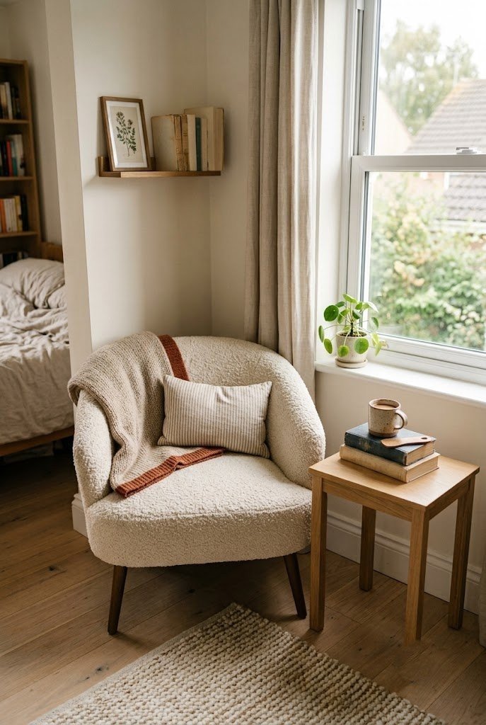 Petite cream armchair angled into a small bedroom corner beside a window with a side table and book