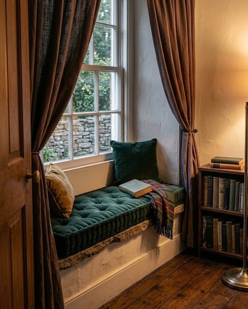 Low window ledge turned into a seat with a dark green tufted bench cushion and velvet pillows
