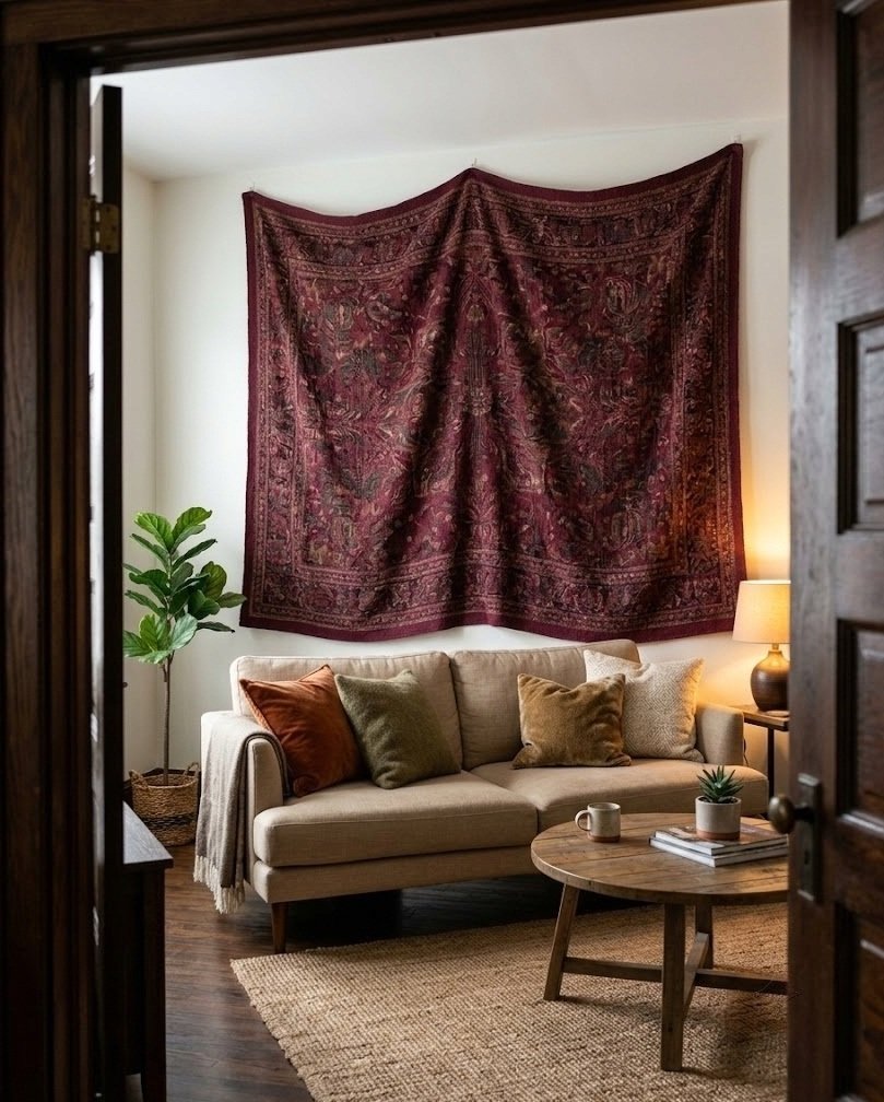 Large woven wine-burgundy tapestry hung behind a low sofa on adhesive hooks