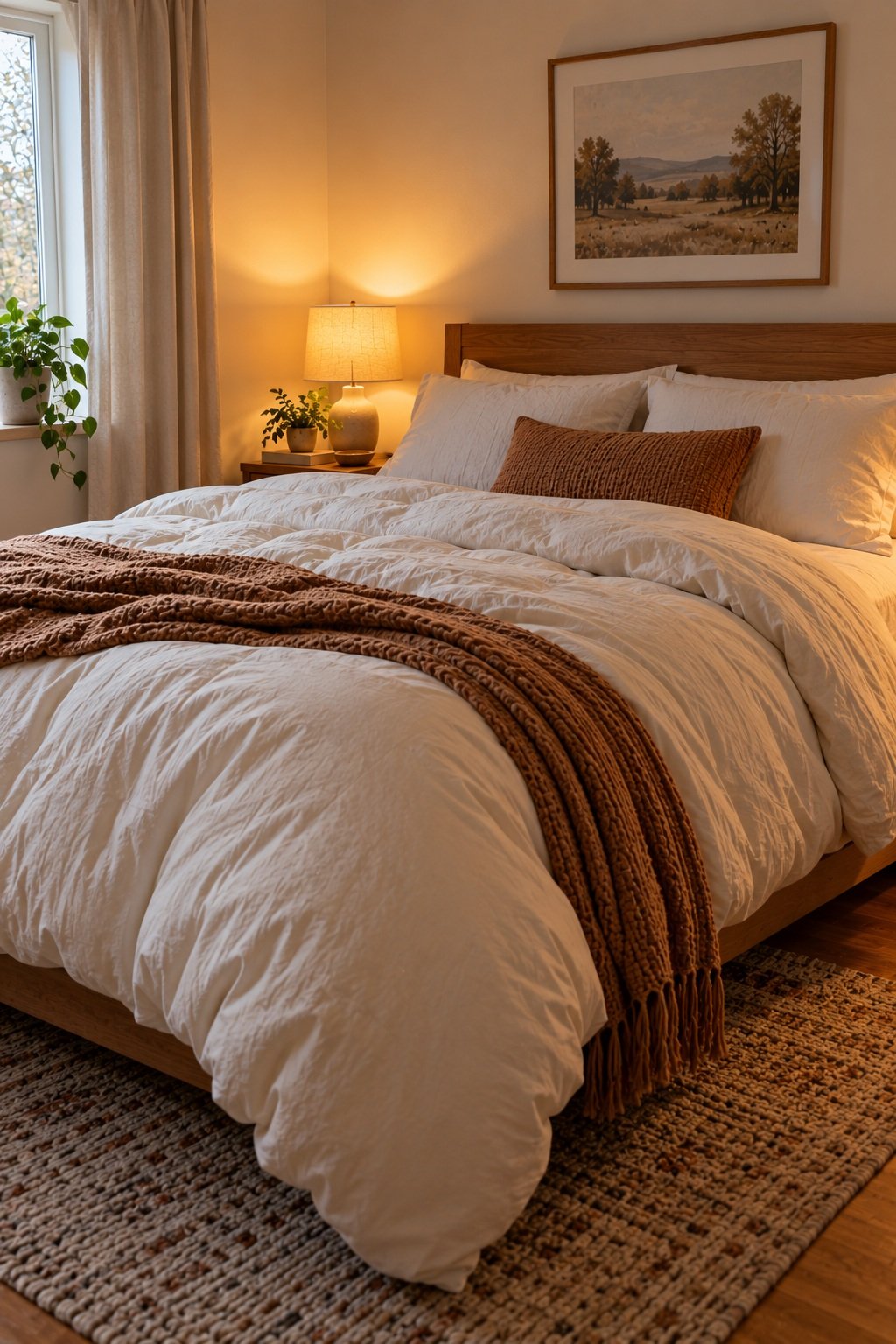 Thick winter weight comforter in a cream cover on a bed in a small bedroom