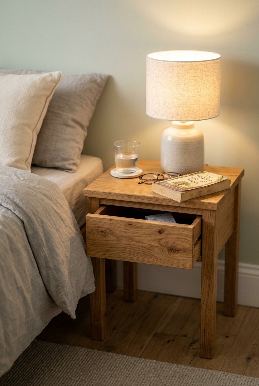 Small wood nightstand with a single drawer holding a lamp and a book beside a bed
