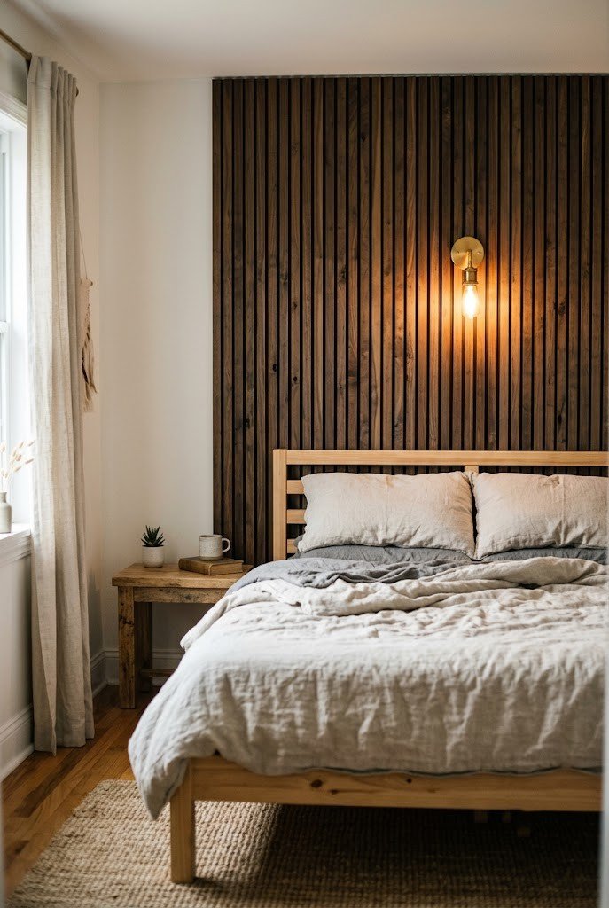 Dark wood slat panel behind the bed in a small moody apartment bedroom