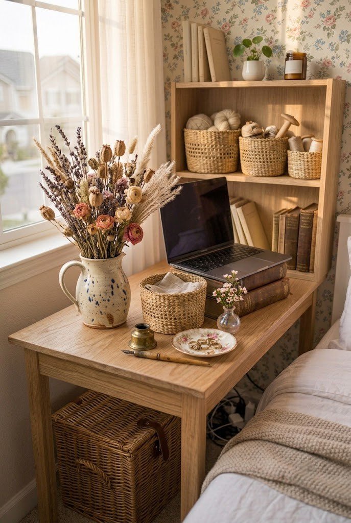 Woven baskets used for soft desk storage in a cottagecore setup