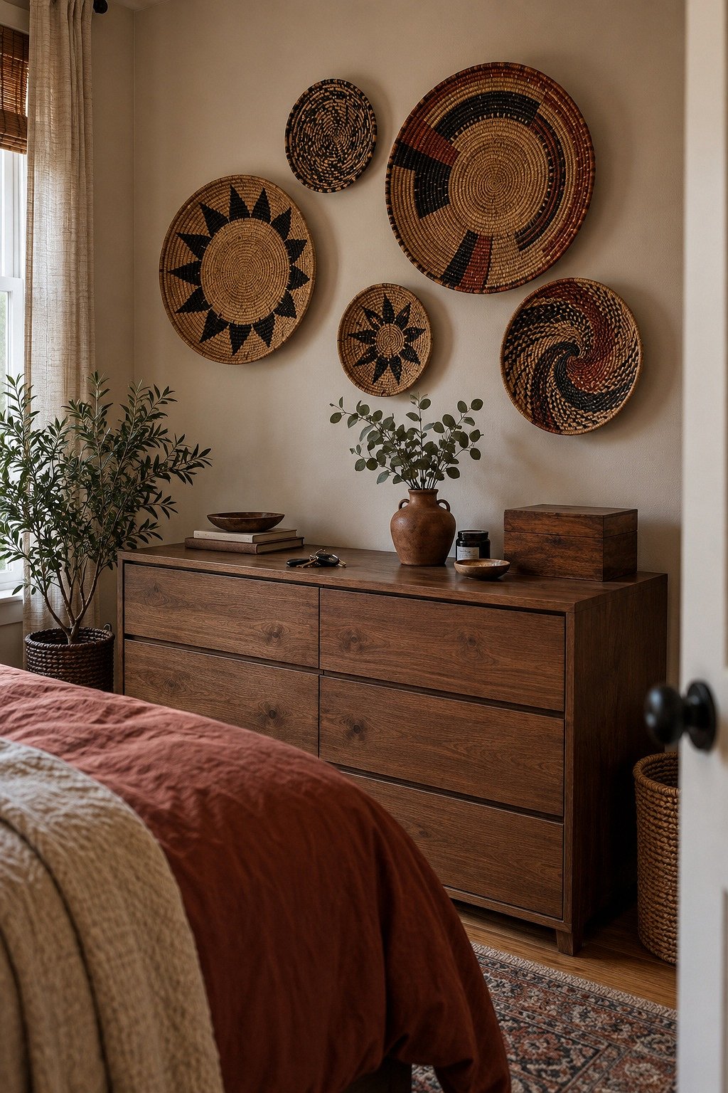 Five flat woven baskets in straw black and rust grouped on a bedroom wall above a low dresser