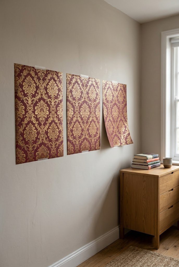 Burgundy and gold wrapping paper panels taped to a small bedroom wall
